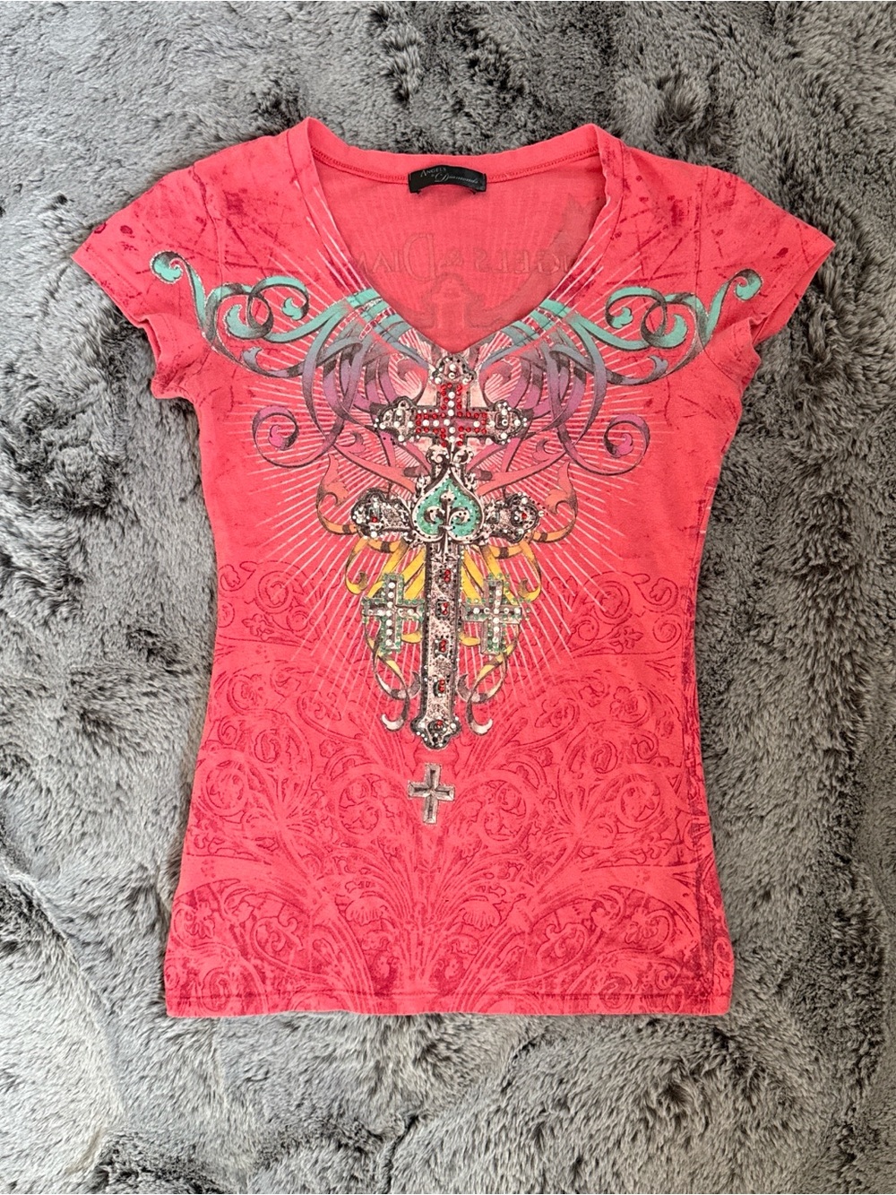 y2k angels & diamonds coral pink cross angel wing v neck t-shirt